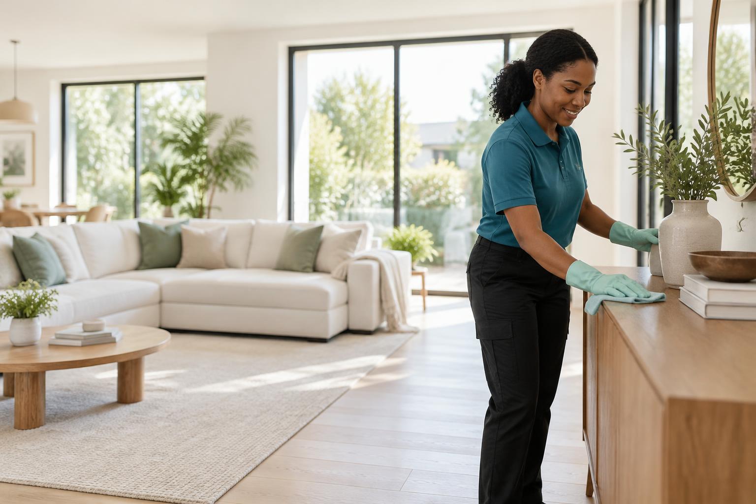 Professional cleaner caring for a bright, welcoming home